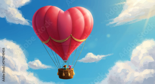 A whimsical digital illustration featuring a vibrant, heart-shaped hot air balloon soaring through a clear sky, symbolizing romantic adventures and shared journeys.