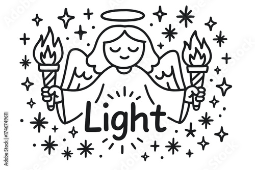 Guardian of Light Doodle. Doodle guardian of light with stars, torches, and sparkles, center word “Light” in black and white