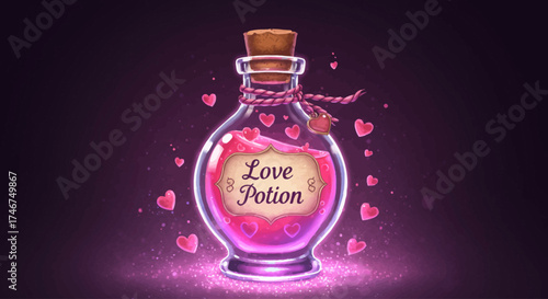 An enchanting digital illustration of a whimsical love potion bottle, filled with a glowing pink liquid and floating hearts, perfect for themes of magical romance and enchantment.