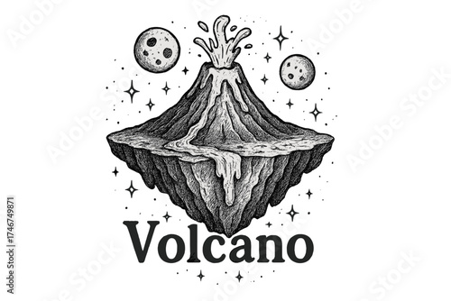 Volcanic Island Fantasy. Hand-drawn volcanic floating island with moons, lava, and sparkles, center word “Volcano” in black and