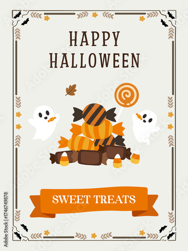 Happy Halloween Sweet Treats Greeting Card with Ghosts and Candy.