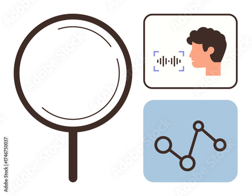 Magnifying glass, face with audio recognition, and network graph nodes highlight search, AI, and analytics. Ideal for technology, research, innovation, AI data insights communication