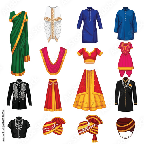 A collection of diverse, colorful illustrations showcasing traditional Indian clothing styles, including sarees, kurtas, and turbans, representing cultural heritage and fashion.