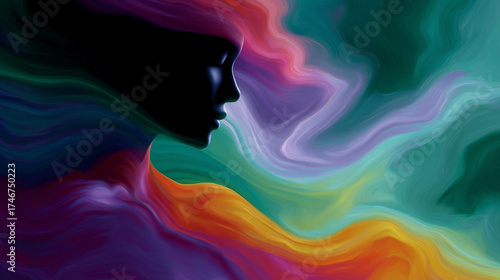 Abstract art of a serene woman rainbow colors swirling in dreamlike composition abstract, art, portrait, woman, colors, surreal, fantasy, painting, creativity, imagination, harmony