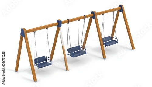 A 3D-rendered image of a playground swing set. Three individual swings are suspended from a wooden frame, each with a blue seat