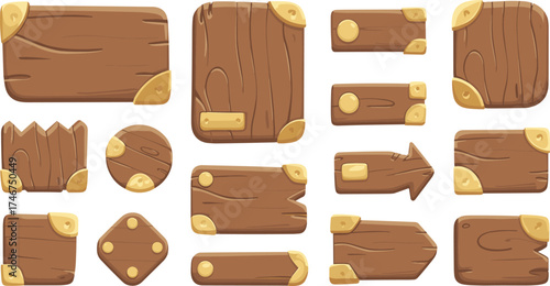 Set of stylized wooden game interface buttons and frames, cartoon brown wood texture icons collection for app design and UI