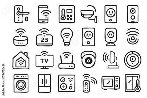 A collection of modern smart home technology icons, illustrated in a simple line art style, representing various devices and features for home automation and control.