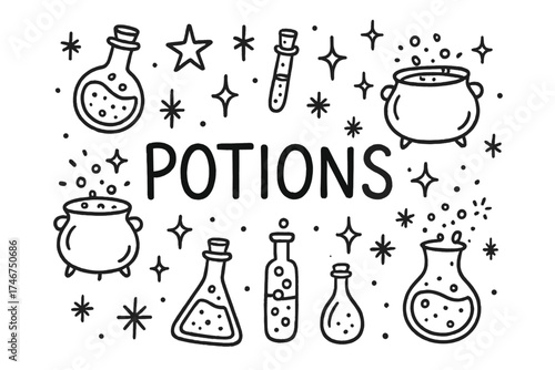 Potion Lab Doodle. Doodle potion lab with stars, cauldrons, and sparkles, center word “Potions” in black and white isolated