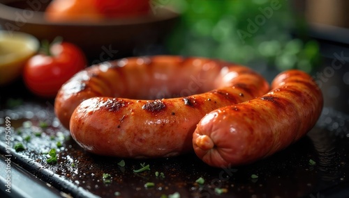 A close-up shot of a freshly made, juicy sausage, sizzling on a domestic kitchen stovetop The image emphasizes the texture and appetizing aroma of homemade sausage , aroma, rustic