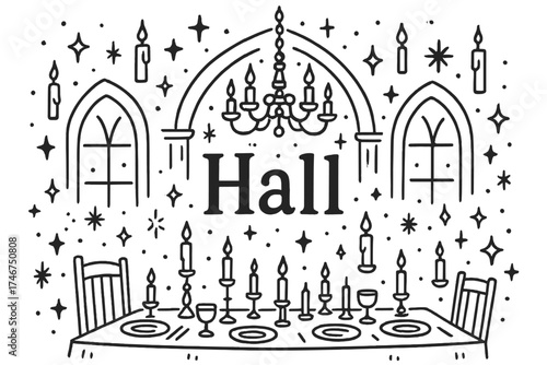 Enchanted Dining Hall. Doodle enchanted dining hall with stars, candles, and sparkles, center word “Hall” in black and white