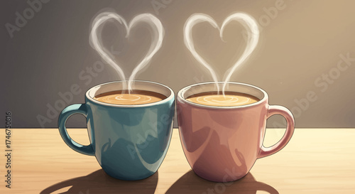 This heartwarming digital illustration depicts two steaming coffee mugs, their rising steam forming a heart, symbolizing cozy shared moments and togetherness. 