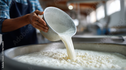 Traditional cheese making process worker pouring milk into large vat at dairy factory, organic production and freshness cheese, milk, dairy, factory, production, food industry, org