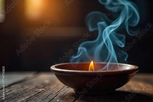 A close-up shot of incense burning, releasing a fragrant smoke reminiscent of prayer and meditation, with soft, warm lighting , essential oils, calm, spiritual practice