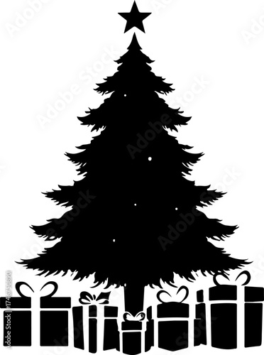 tree and gifts, tree, gift, holiday, xmas, box, present, decoration, celebration, star, winter, tree, ribbon, illustration, vector, santa, new, art, design, gifts, ornament, presents, season, card, fi