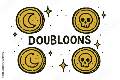 Golden Doubloon Design. Hand-drawn golden doubloons with moons, skulls, and sparkles, center word “Doubloons” in black and white