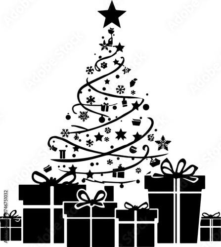 tree and gifts, tree, gift, holiday, xmas, box, present, decoration, celebration, star, winter, tree, ribbon, illustration, vector, santa, new, art, design, gifts, ornament, presents, season, card, fi
