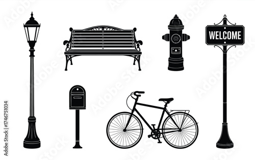 Vector illustration set six classic urban street furniture silhouettes scalable eps graphics silhouette vector illustration white background