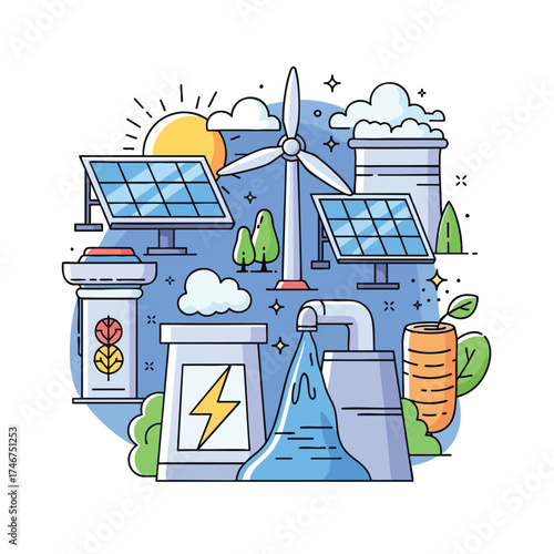 A vibrant illustration showcases sustainable energy sources, including solar panels, wind turbines, and hydroelectric power, representing a clean and eco-friendly future with green technology.