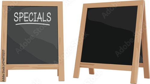 Two wooden A-frame chalkboard signs standing on white background, blank blackboards for restaurant specials, menu display, advertising, or cafe promotion