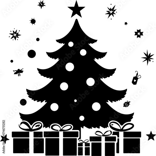 tree and gifts, tree, gift, holiday, xmas, box, present, decoration, celebration, star, winter, tree, ribbon, illustration, vector, santa, new, art, design, gifts, ornament, presents, season, card, fi
