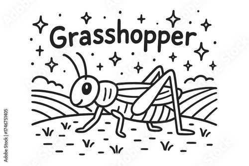 Doodle Grasshopper Wonderland. Doodle grasshopper with stars, fields, and sparkles, center word “Grasshopper” in black and white