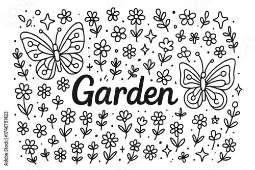 Butterfly Garden Doodle. Doodle butterfly garden with stars, flowers, and sparkles, center word “Garden” in black and white