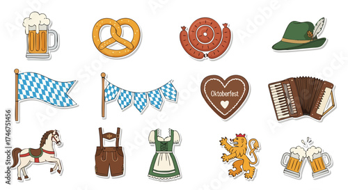 A collection of vibrant, hand-drawn illustrations featuring iconic symbols of Oktoberfest, including beer, pretzels, sausages, traditional clothing, and festive decorations, perfect for design