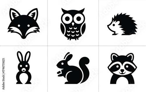Set of 6 silhouette woodland animal vector illustrations for graphic design projects silhouette vector illustration white background