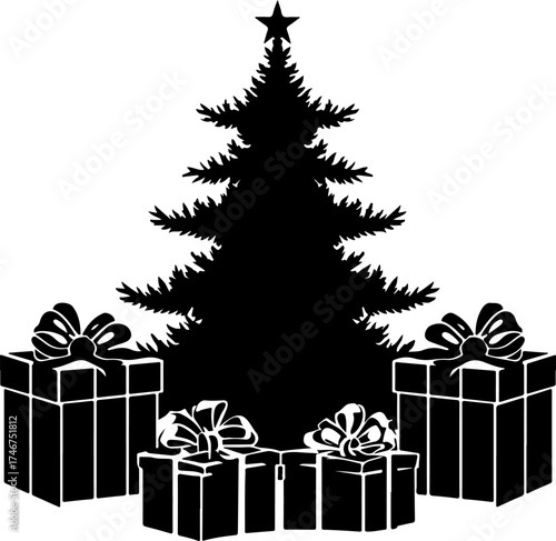 tree and gifts, tree, gift, holiday, xmas, box, present, decoration, celebration, star, winter, tree, ribbon, illustration, vector, santa, new, art, design, gifts, ornament, presents, season, card, fi