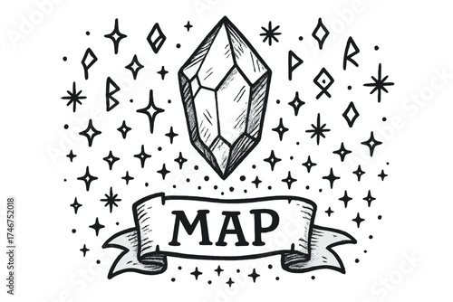 Enchanted Crystal Map. Doodle enchanted crystal map with stars, runes, and sparkles, center word “Map” in black and white isolated