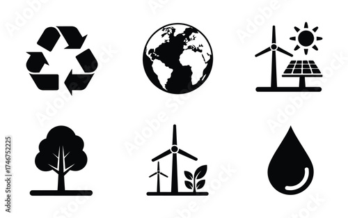 Set of 6 silhouette icons representing ecology sustainability and renewable energy resources vector illustration silhouette vector illustration white background