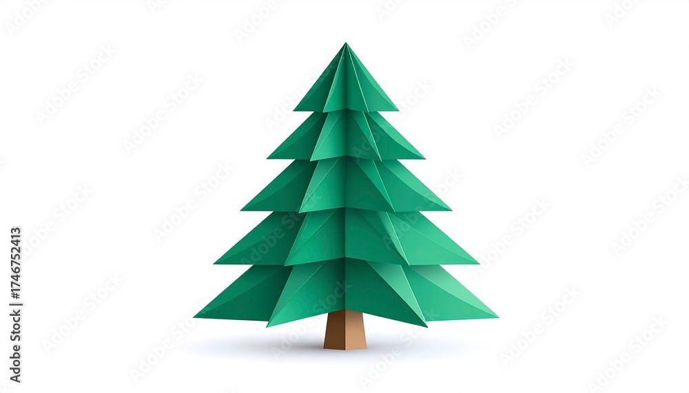 Fototapeta premium Modern folded paper Christmas tree, minimalist holiday card on blue background.