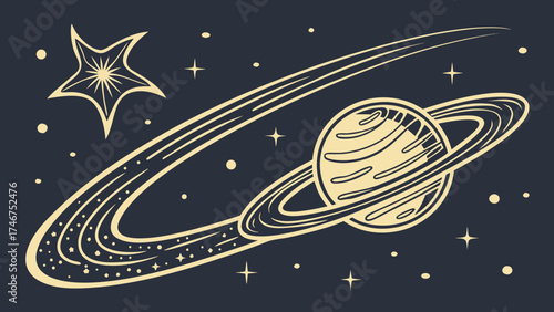 Illustration of a planet with rings and a star in a dark sky with small stars and dots around them