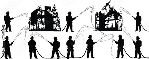 Firefighters battling blazing buildings with water hoses teamwork emergency response vector illustration silhouette style safety rescue operation graphic design art