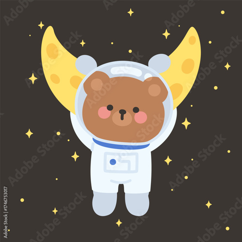 Cute Astronaut Bear Vector Flying with Crescent Moon Wings