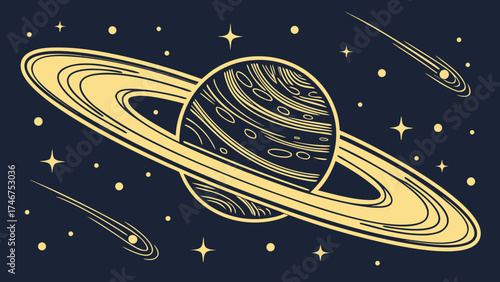 Illustration of a ringed planet with stars and comets in a dark blue background, stylized design
