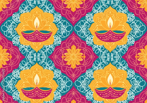 Vibrant seamless pattern with ornamental diya lamps and lotus flowers for Indian festival of lights celebration