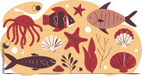 Ocean Treasures: Vibrant illustrations bring the ocean to life, showcasing a delightful collection of marine creatures. A charming composition of aquatic life.