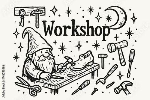 Gnome Workshop Art. Hand-drawn gnome workshop with moons, tools, and sparkles, center word “Workshop” in black and white isolated