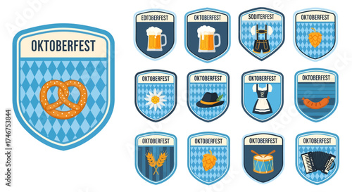 A collection of flat design Oktoberfest icons and badges, featuring traditional German festival symbols like beer, pretzels, and lederhosen. Vector illustration set for Bavarian culture celebration