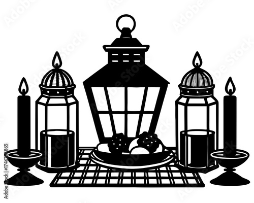 Lanterns and candles for Thanksgiving dinner table silhouette vector illustration