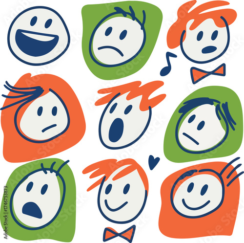 Cartoon faces expressing different emotions in playful and colorful design