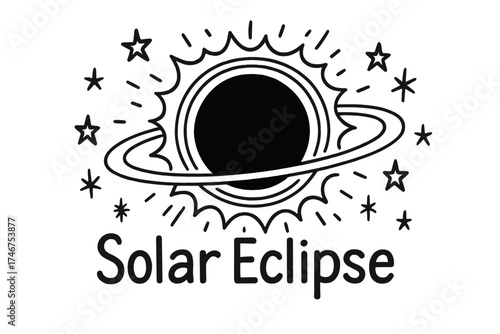 Celestial Solar Eclipse. Doodle solar eclipse with stars, sparks, and rings, center word “SolarEclipse” in black and white