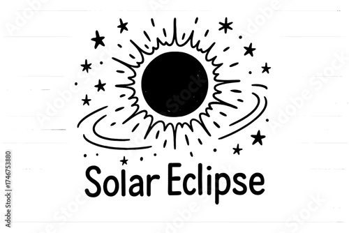 Celestial Solar Eclipse. Doodle solar eclipse with stars, sparks, and rings, center word “SolarEclipse” in black and white