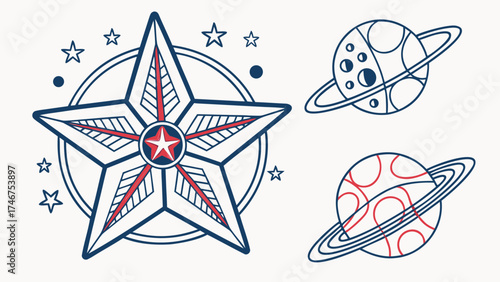 Celestial Harmony: A celestial emblem and planetary illustrations harmoniously composed against a clean background, perfect for adding a touch of cosmic wonder to your design projects.