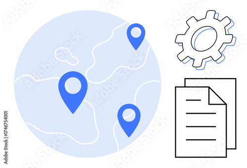 Blue map with location pins, gear illustration, and document outlines suggesting global navigation, location strategy, project management, and operational planning. Ideal for logistics, teamwork