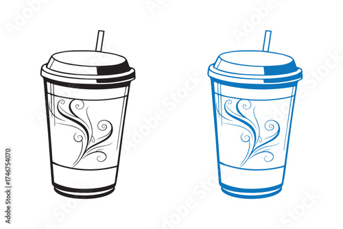 Winter Cup Design Vector art of two stylized disposable cups with lids and straws, one in black and white outline, the other in blue outline
