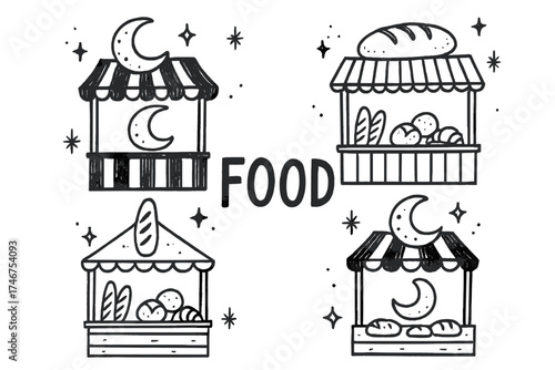 Enchanting Food Stalls. Hand-drawn food stalls with moons, bread, and sparkles, center word “Food” in black and white isolated