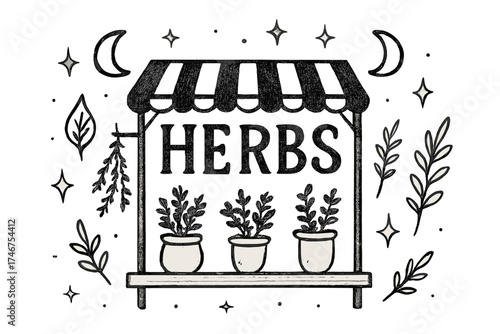 Herbal Stalls Art. Hand-drawn herbal stalls with moons, leaves, and sparkles, center word “Herbs” in black and white isolated