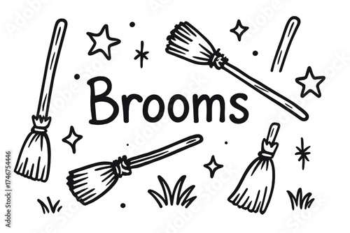 Broomsticks Doodle Art. Doodle broomsticks with stars, grass, and sparkles, center word “Brooms” in black and white isolated